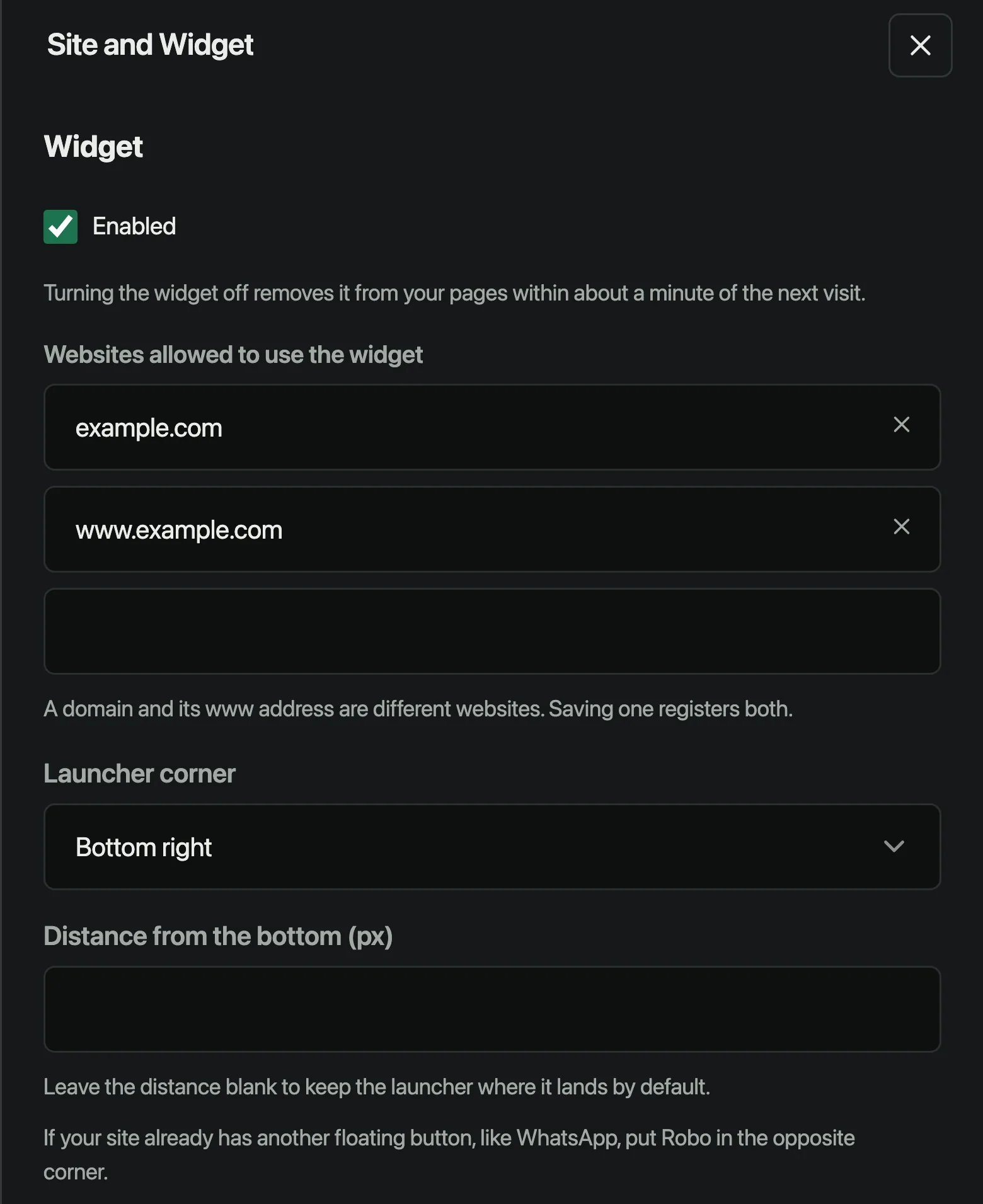 Robo's widget settings