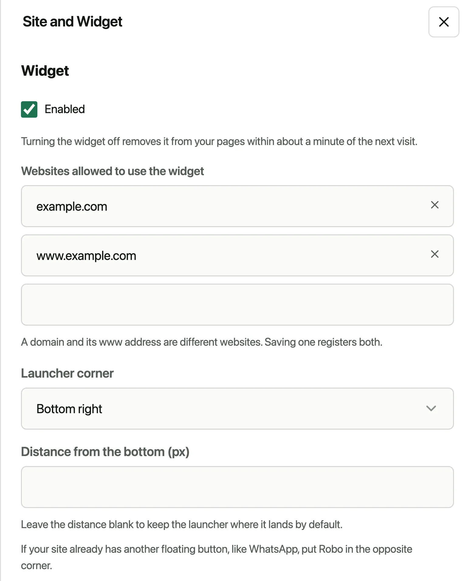 Robo's widget settings
